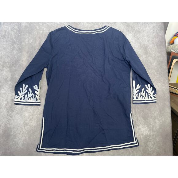 Gretchen Scott Navy Blue Reef Embroidered Cotton Poplin Tunic sz S Beach Coverup - Picture 4 of 10
